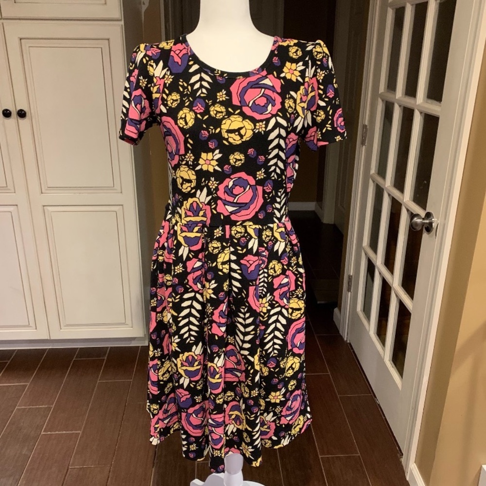 LuLaRoe Black and Pink Floral Midi Dress